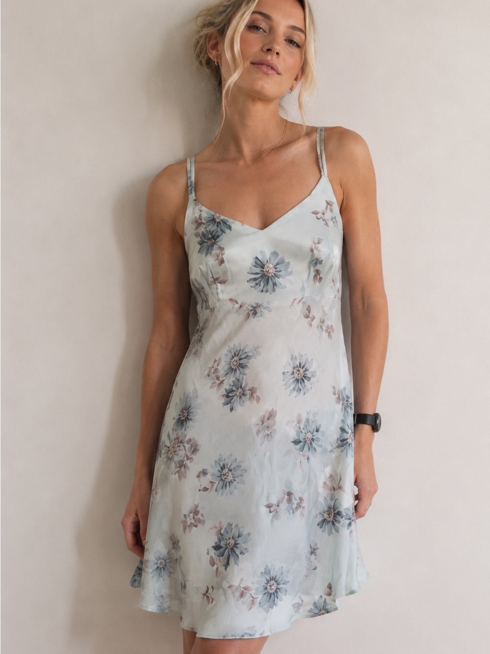 Vintage Frederick’s Of Hollywood Silky Blue Floral Slip Mini Satin Dress Sz 9/10